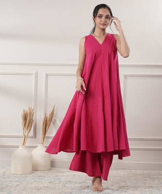 Women fuchsia cotton a-line midi dress with pants 5