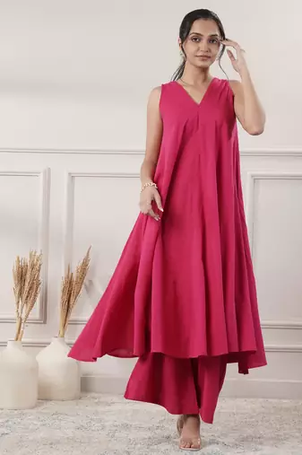Women fuchsia cotton a-line midi dress with pants