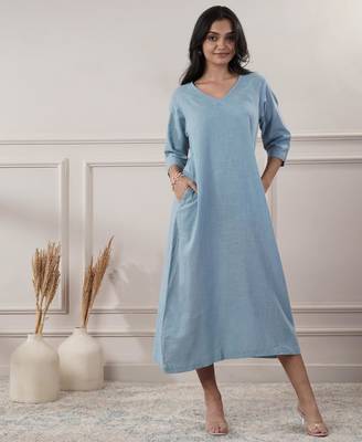 Women smoke blue v-neck dress 1