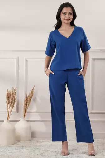 Women royal blue co-ord set v neck