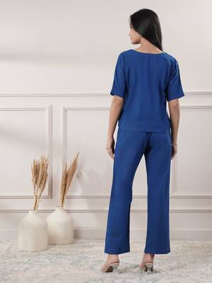 Women royal blue co-ord set v neck 2