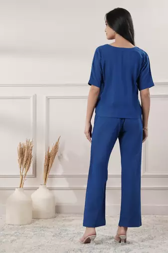 Women royal blue co-ord set v neck