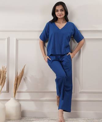 Women royal blue co-ord set v neck 3