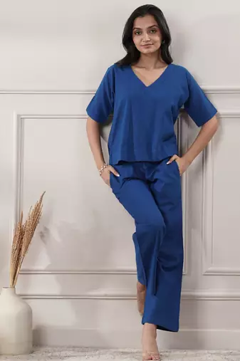 Women royal blue co-ord set v neck