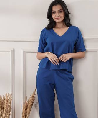 Women royal blue co-ord set v neck 4