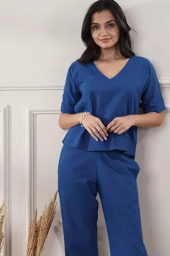 Women royal blue co-ord set v neck