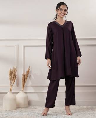 Women rayon wine v-neck co-ord set with pant 1