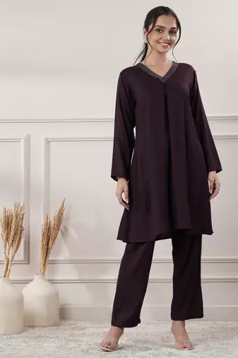 Women rayon wine v-neck co-ord set with pant
