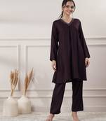 Women rayon wine v-neck co-ord set with pant