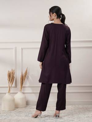 Women rayon wine v-neck co-ord set with pant 2