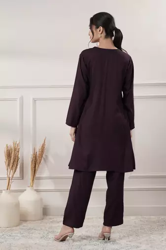 Women rayon wine v-neck co-ord set with pant