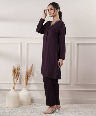 Women rayon wine v-neck co-ord set with pant 3
