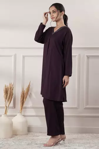 Women rayon wine v-neck co-ord set with pant