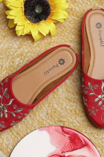 Pairs4u women's red ethnic embroidered jutti slip-on canvas flats with stylish toe and comfortable pvc sole