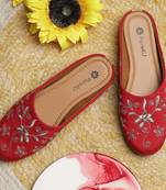 women's red ethnic embroidered jutti slip-on canvas flats with stylish toe and comfortable pvc sole