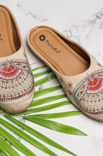 Pairs4u women's embroidered canvas juttis cream slip-on ethnic flats with pvc sole for comfortable universal wear