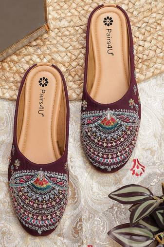 women's wine ethnic embroidered canvas juttis with comfortable pvc sole for universal occasions