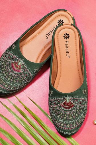 Pairs4u women's dark green embroidered canvas jutti slip-on ethnic flats with stylised toe for comfort &