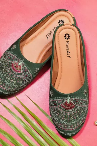 Pairs4u women's dark green embroidered canvas jutti slip-on ethnic flats with stylised toe for comfort &