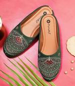 Pairs4u women's dark green embroidered canvas jutti slip-on ethnic flats with stylised toe for comfort &