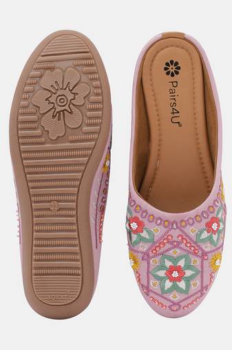 women's peach canvas mojari jutti ethnic embroidered slip-on flats with comfortable pvc sole for women & girls