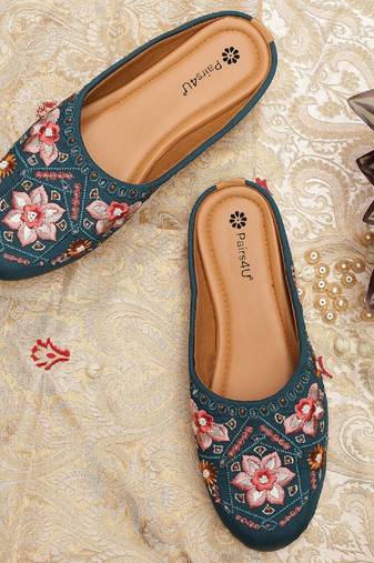 Pairs4u women's embroidered juttis canvas slip-on ethnic flat comfortable sole in stylish rama for women & girls