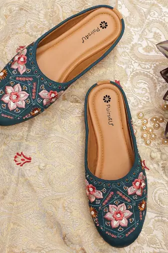 women's embroidered juttis canvas slip-on ethnic flat comfortable sole in stylish rama for women & girls