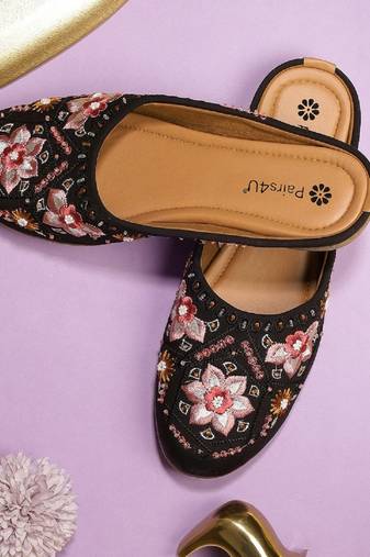 women's black canvas embroidered juttis with pvc sole, comfortable slip-on ethnic footwear for women & girls