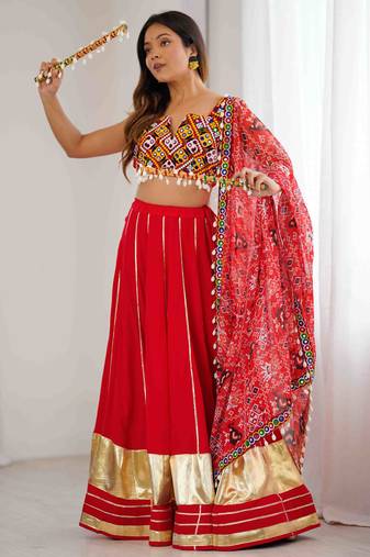 Navratri Special Red rayon gotta Work Lehenga Choli set Garba Lehenga Choli Set*