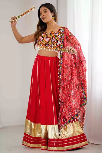 Navratri Special Red rayon gotta Work Lehenga Choli set Garba Lehenga Choli Set*