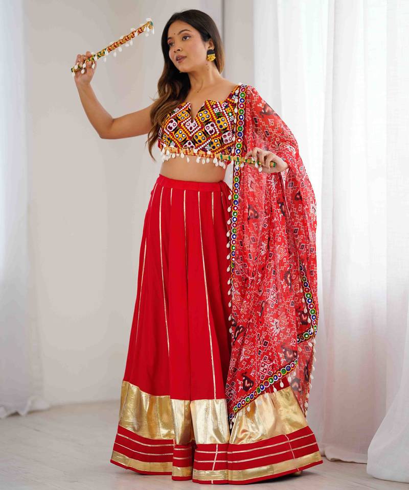 Navratri Special Red rayon gotta Work Lehenga Choli set Garba Lehenga Choli Set*