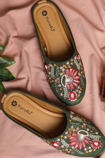Pairs4u women's dark green mojari jutti embroidered canvas flats with comfortable pvc sole for ethnic wear