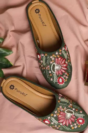 Pairs4u women's dark green mojari jutti embroidered canvas flats with comfortable pvc sole for ethnic wear