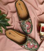 Pairs4u women's dark green mojari jutti embroidered canvas flats with comfortable pvc sole for ethnic wear