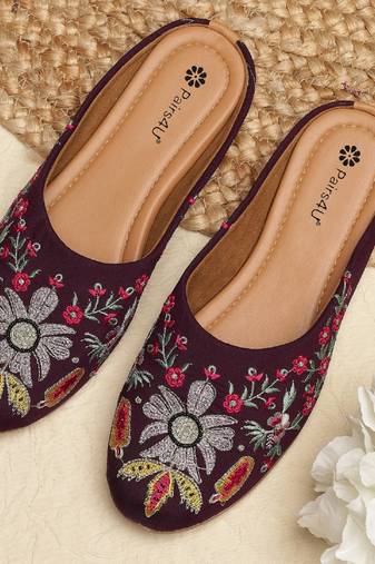 women's wine embroidered canvas juttis - ethnic slip-on flats with stylised toe and comfortable pvc sole