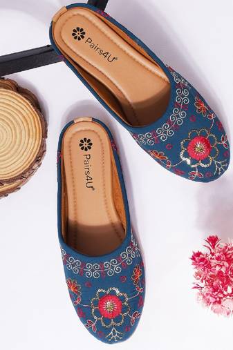 women's ethnic embroidered canvas jutti - comfortable slip-on punjabi flats with pvc sole for women & girls