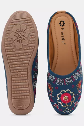 women's ethnic embroidered canvas jutti - comfortable slip-on punjabi flats with pvc sole for women & girls
