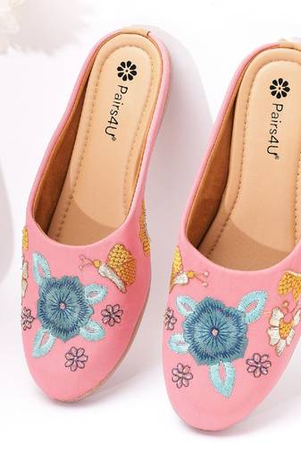 Pairs4u women's peach embroidered mojari jutti - traditional ethnic canvas flats with comfortable pvc sole for women