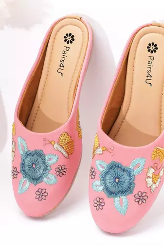 Pairs4u women's peach embroidered mojari jutti - traditional ethnic canvas flats with comfortable pvc sole for women