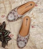 Pairs4u women's grey embroidered canvas jutti - stylish ethnic slip-on flats with comfortable pvc sole for women