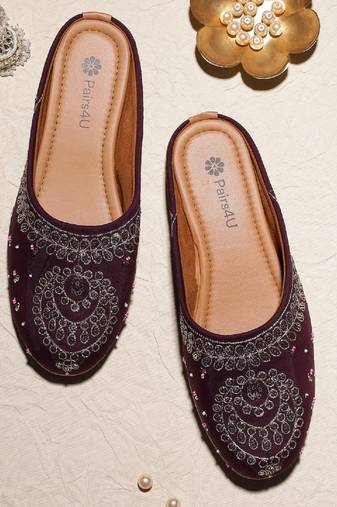 Pairs4u women's wine embroidered canvas jutti ethnic slip-on flats with stylised toe for universal occasions
