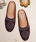 Pairs4u women's wine embroidered canvas jutti ethnic slip-on flats with stylised toe for universal occasions