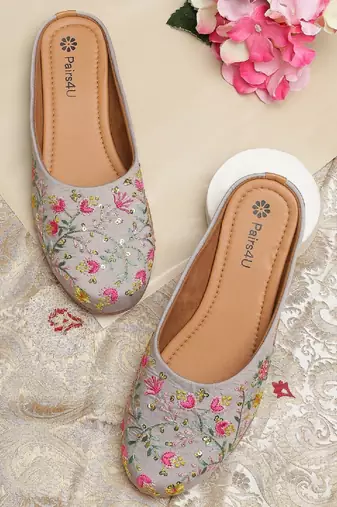 Pairs4u women's grey embroidered juttis ethnic canvas slip-on comfortable pvc sole for traditional wear