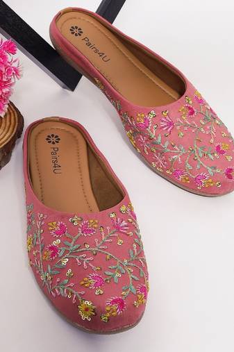 Pairs4u women's peach embroidered canvas juttis - ethnic slip-on flats with comfortable pvc sole
