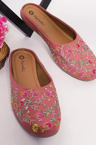 Pairs4u women's peach embroidered canvas juttis - ethnic slip-on flats with comfortable pvc sole