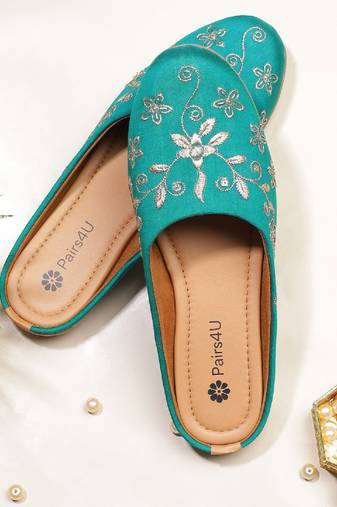 Pairs4u women's rama ethnic punjabi juttis embroidered canvas slip-on flats with stylish toe and pvc sole