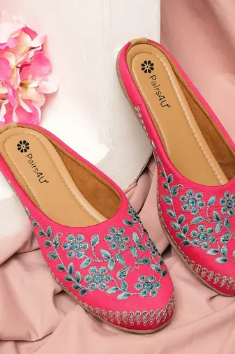 Pairs4u women's pink embroidered canvas punjabi jutti - ethnic slip-on flats with comfortable pvc sole