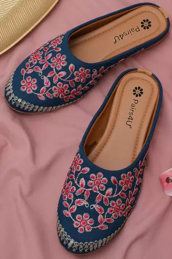 Pairs4u women's ethnic jutti in rama - embroidered canvas slip-on flats with stylised toe & comfortable pvc sole