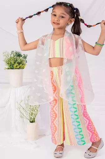 Multicolor printed organza  three piece co ord set