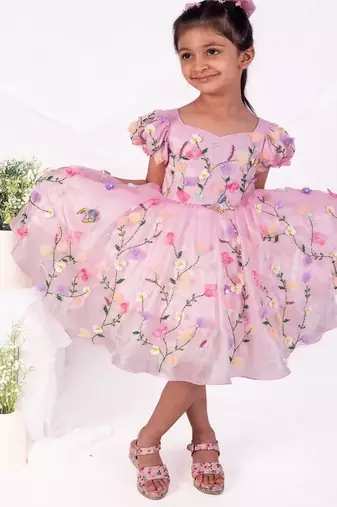 Pink embroidered satin dress